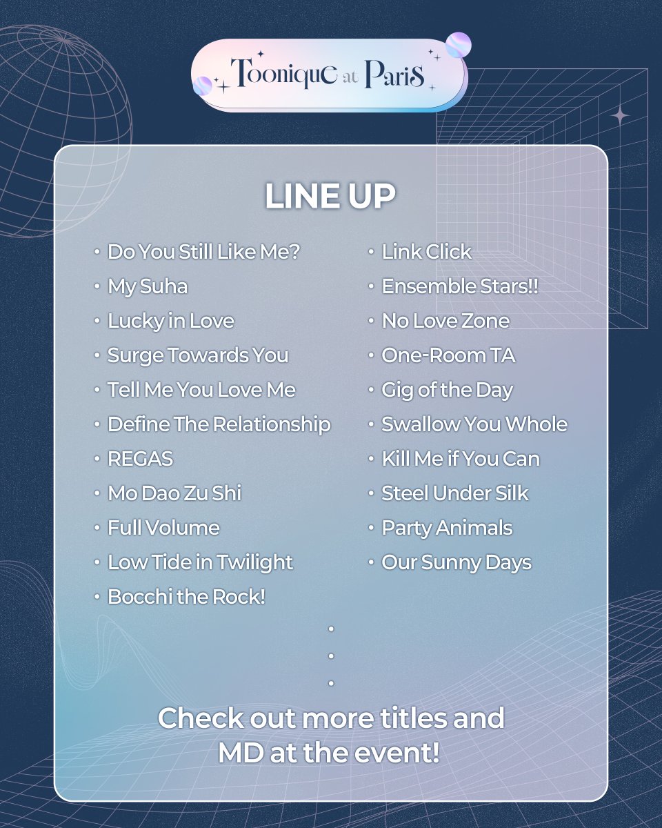 toonique_event's tweet photo. 🇫🇷Toonique Paris Pop-up Store🇫🇷
You can meet them in Paris, France
Toonique's MD line-up!
Please check the image below for more information ♡
#KON #Toonique #투니크 https://t.co/ERYQRaMeZ9