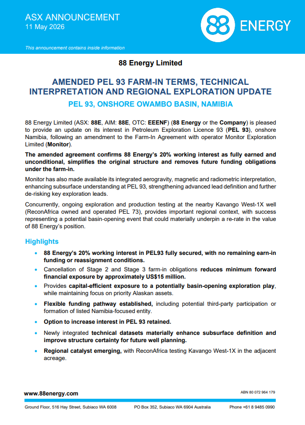88EnergyLtd's tweet photo. $88E has secured a fully earned 20% working interest in PEL 93, Namibia, with farm-in obligations removed, reducing future funding exposure by ~US$15m. New technical data strengthens lead definition, with Lead 9 emerging as a key drilling candidate: https://t.co/PV4k4hAJkQ https://t.co/scD6fj3R7A