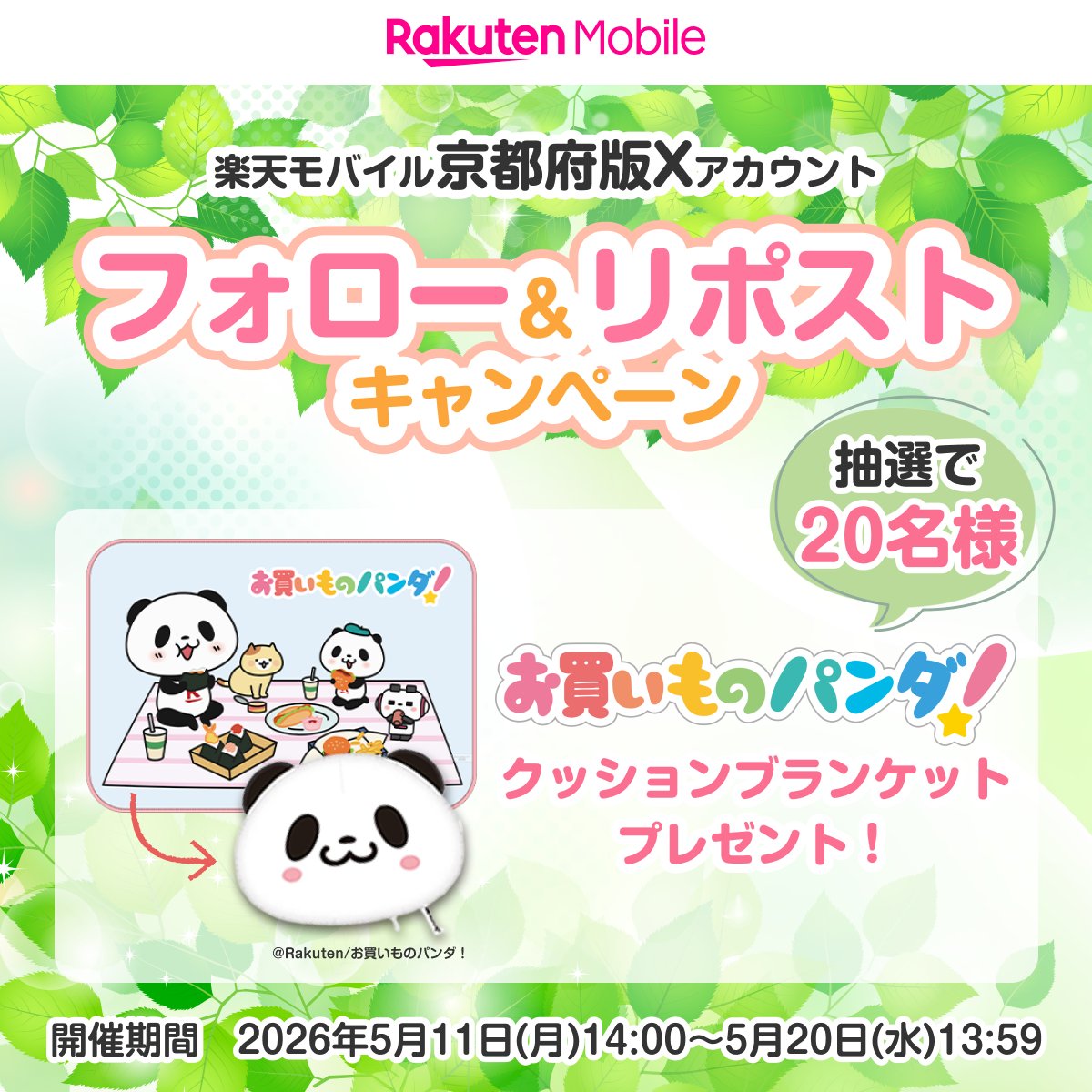 RM__Kyoto's tweet photo. /／
　楽天モバイル京都府版Xアカウント
　フォロー＆リポストキャンペーン🌿
\＼

抽選で《20名様》に
アニメ『#お買いものパンダ ！』クッションブランケットをプレゼント💝

🍀応募方法🍀
5/20(水)13:59までに
1️⃣@RM__Kyotoをフォロー
2️⃣この投稿をリポスト

詳細はリプライへ👇 https://t.co/WXp9Ou8v5A