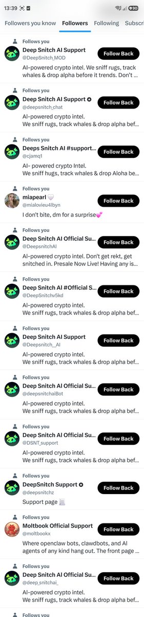JamesBees15's tweet photo. @deepsnitchai All of these started following me, the gto dodgymessages trygi t to get me give wallet details for a 45%bonus etc https://t.co/WGkmjo8dJx