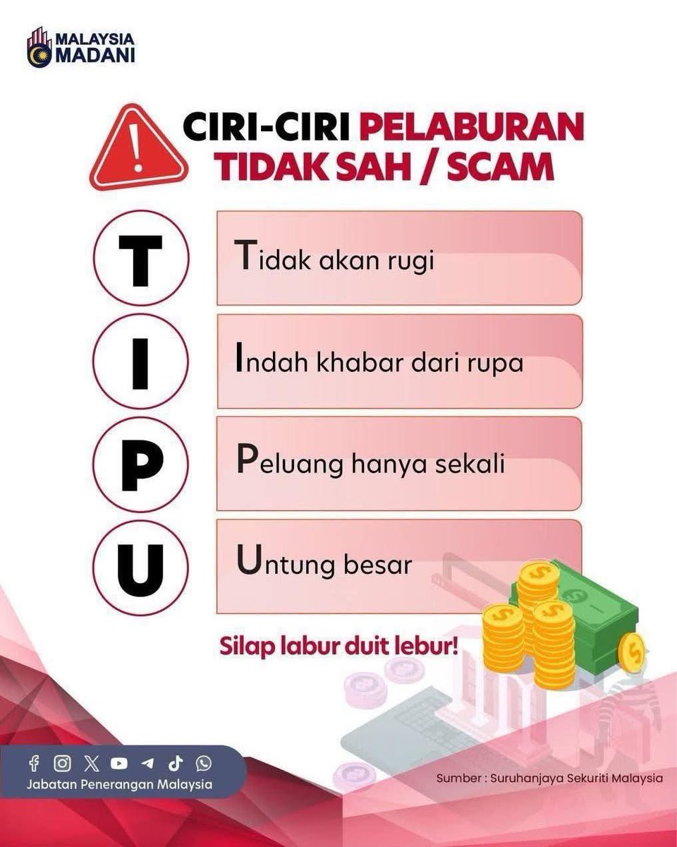 JPenerangan's tweet photo. 🚨 Elak pelaburan scam — jangan serah wang kepada skim meragukan.

Kenali tanda-tandanya lebih awal untuk lindungi kewangan daripada penipuan. 💸❌

#RancakkanMADANI
#MADANIBekerja
#TaatSetia
#JabatanPenerangan https://t.co/QVba1XZb9X