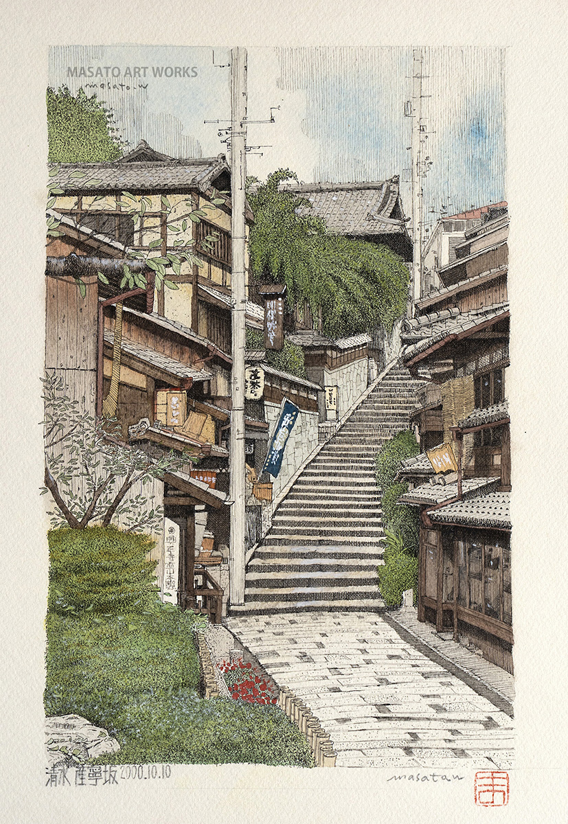 ⚫︎京町家の簾・晩秋の光【原画】水彩画 1点もの 手描き 風景画