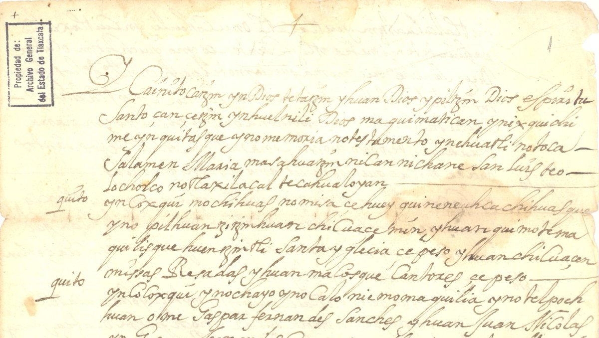 BDMEX's tweet photo. El náhuatl de los documentos del siglo XVIII del Archivo Histórico de Tlaxcala se caracteriza por una mayor influencia del español, como en el préstamo de verbos: confirmaroa, “confirmar”, aprobaroa, “aprobar”.

Conoce una selección de ellos en la BDMX: https://t.co/2vgstvksbG https://t.co/MiAZ9aONtr