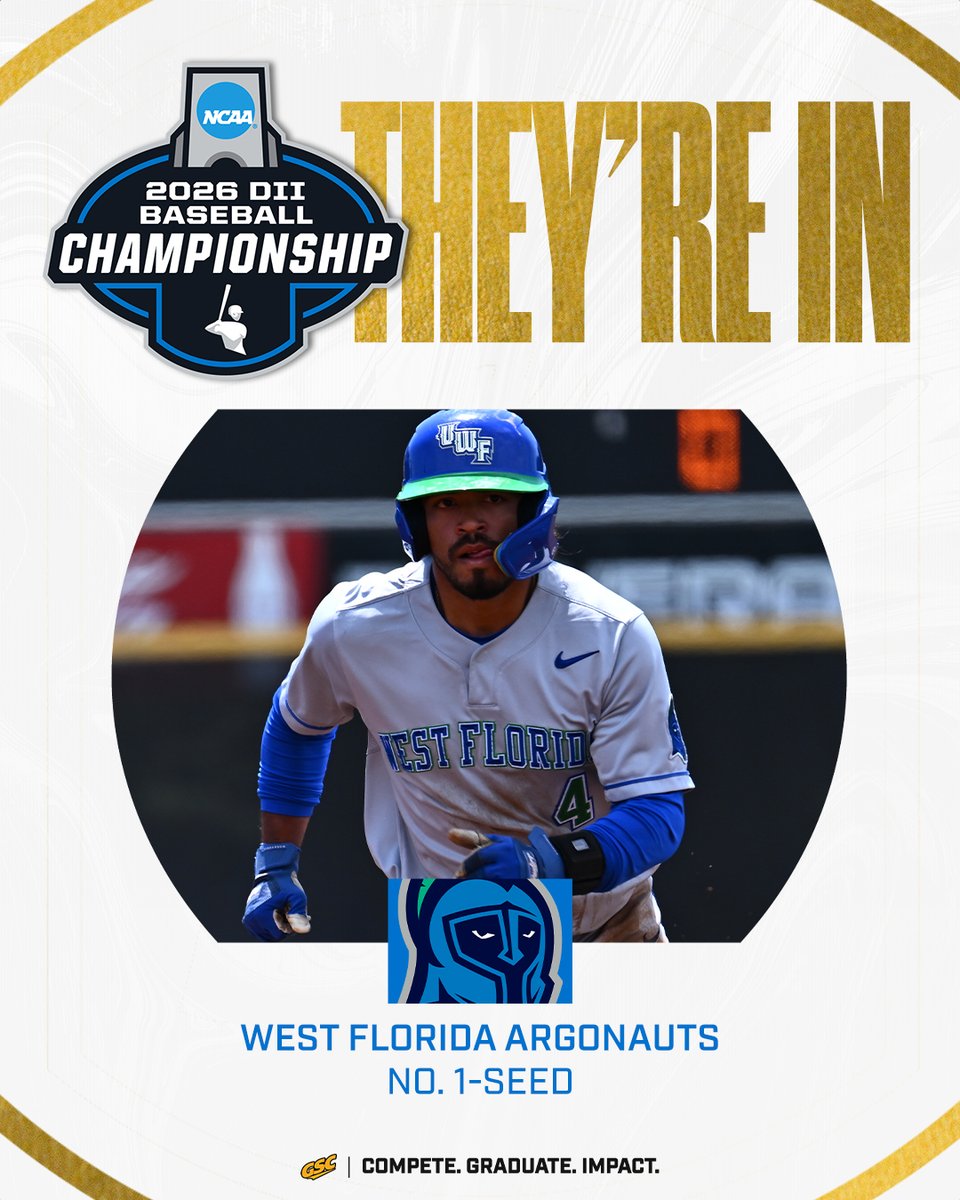 GulfSouth's tweet photo. THEY'RE IN!  

@UWF_Baseball will be the No. 1-seed in the #D2BSB South Region! 

#GSCbaseball https://t.co/iihRSmWyUC