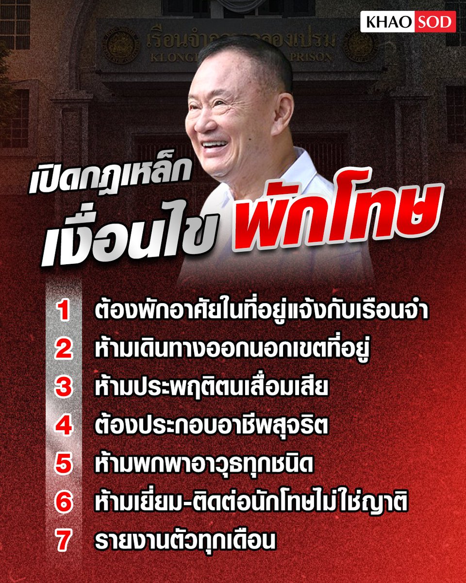 KhaosodOnline's tweet photo. หลังจาก #ทักษิณชินวัตร อดีตนายกรัฐมนตรี ได้รับการพักโทษและปล่อยตัว ออกจากเรือนจำกลางคลองเปรม เวลา 07.40 น. วันที่ 11 พ.ค.2569 หลังรับโทษในเรือนจำรวม 243 ว��น 
.
แต่ระหว่างการพักโทษ นายทักษิณ ต้องทำตามเงื่อนไขคุมประพฤติ โดยผู้ได้รับการพักโทษต้องปฏิบัติตามอย่างเคร่งครัด ประกอบด้วย
.
1.ต้องพักอาศัยตามที่อยู่แจ้งไว้กับเรือนจำ
2.ห้ามเดินทางออกนอกเขตท้องที่อาศัยอยู่โดยไม่ได้รับอนุญาต
3.ห้ามประพฤติตนเสื่อมเสียและห้ามกระทำผิดอาญาซ้ำ
4.ต้องประกอบอาชีพที่สุจริต
5.ห้ามพกพาอาวุธทุกชนิด
6.ห้ามไปเยี่ยมหรือติดต่อกับนักโทษอื่นที่ไม่ใช่ญาติ
8.ต้องไปรายงานตัวกับพนักงานคุมประพฤติทุกเดือน