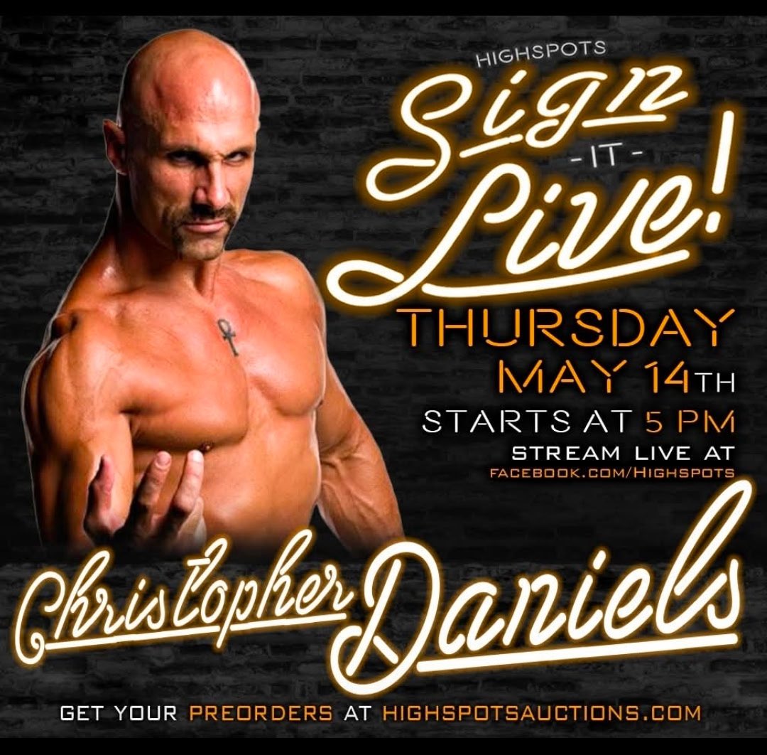 facdaniels's tweet photo. This Thursday, I’ll be doing a virtual signing in conjunction with @Highspots!
Send preorders to https://t.co/M8Vn7RZFVs! In addition to preorders, we’ll be auctioning off two special ring-worn items:
-my robe worn in my final match
-the gear I wore at the original All In https://t.co/K3YxRNdkNs
