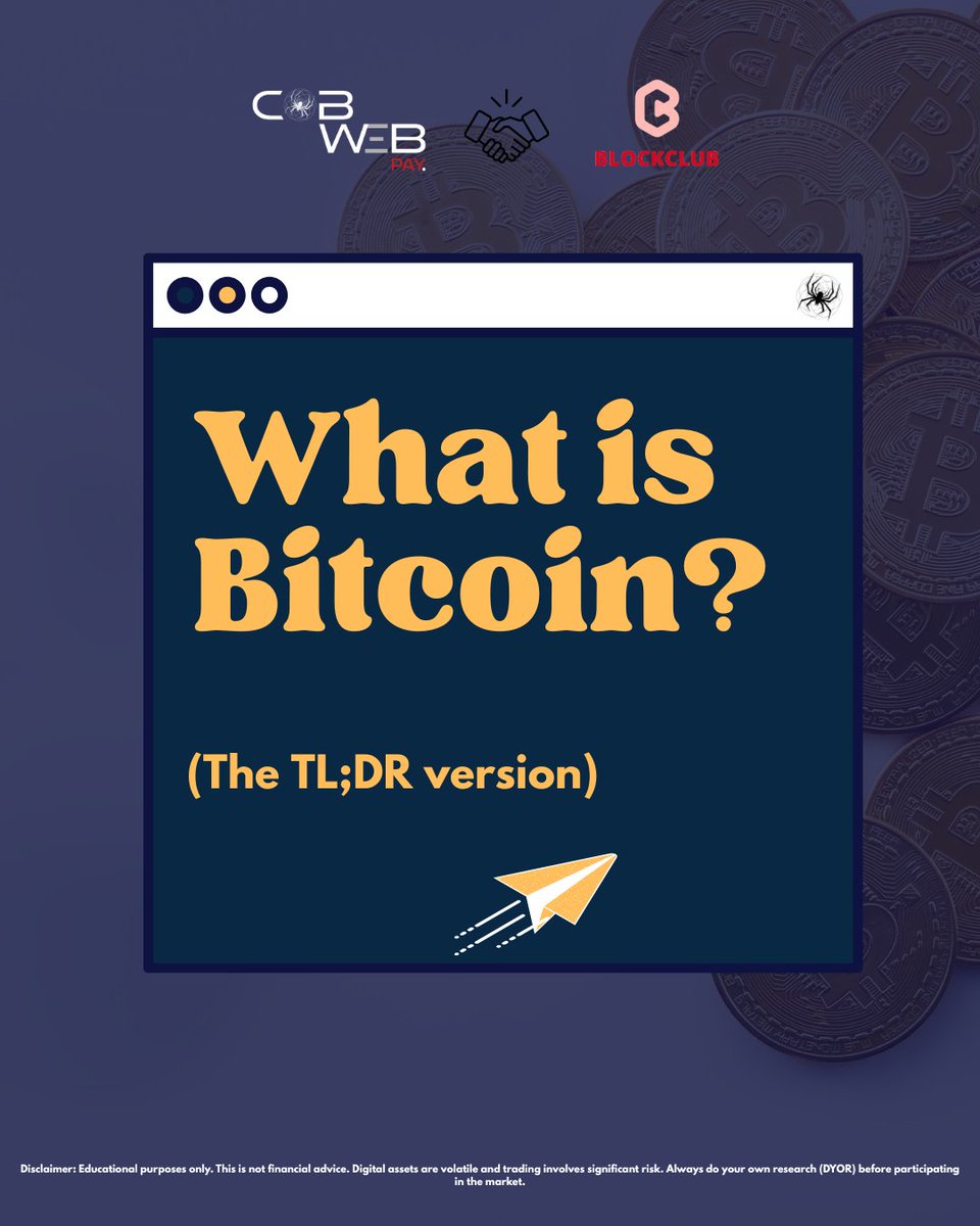 CobWeb_Pay's tweet photo. Bitcoin (bitcoin:native ) 101: The TL;DR Version 📚🕸️

Confused by the charts? We’re breaking it down to the basics. 

From Satoshi’s original vision in 2008 to the mechanics of the Halving, swipe through to get up to speed on the world’s most famous digital asset. https://t.co/VOG1lqCwIG