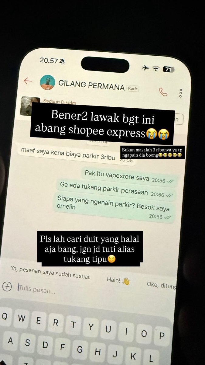 devikiranaaa's tweet photo. @arblunaaaaa Kak malah aku pake shopee express buat ngirim liquid dari vape store suami ke rumah dan jaraknya deket. Kaget tbtb di chat drivernya minta duit parkir. Pdhl itu vape store punya suami yang emg ga ada parkir sama sekali😭😭😭😭😭 https://t.co/mt6Y1OQjwg