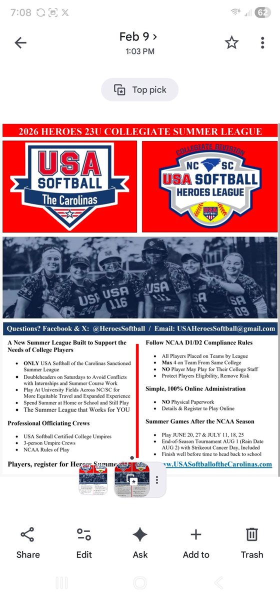 HeroesSoftball's tweet photo. 🚨BREAKING🚨
23u Heroes Summer League locations are set!

Jun 20 - App State
Jun 27 - Charleston Southern
Jul 04 - No game/ holiday
Jul 11 - Guilford College
Jul 18 - Gaston College
Jul 25 - UNC - Wilmington 
Aug 01 - NC State

Likely game times: 11a, 1p, 3p, 5p, but could slide. https://t.co/eLxbgAnQom