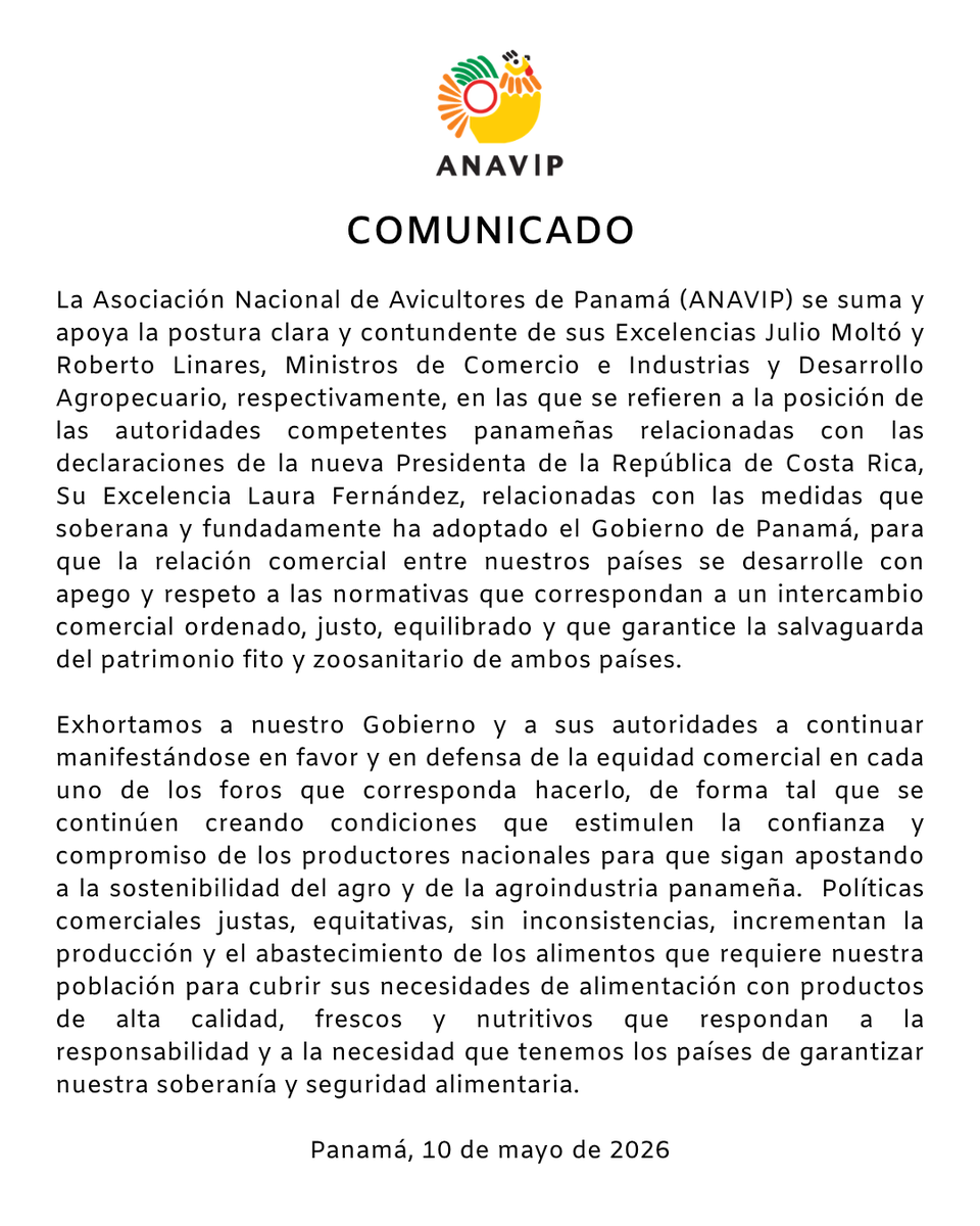 ANAVIP507's tweet photo. COMUNICADO 10 DE MAYO DE 2026

ANAVIP apoya la postura de los Ministros del @MICIPMA  y @MIDAPma  con respecto al respaldo de desarrollar una relación comercial  entre Panamá y Costa Rica con apego y respeto a las normativas.

@tvnnoticias @TReporta @prensacom @EstrellaOnline https://t.co/JnxcnAPMKJ