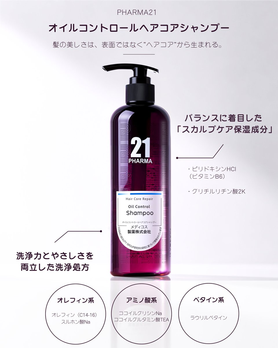 pharma21_jp's tweet photo. ベタつく頭皮をすっきり洗い流しながら、
ダメージを受けた毛先までうるおい補修。

オレフィン×ベタイン×アミノ酸系の独自ブレンドで、
洗浄力とやさしい使い心地を両立。

頭皮のベタつきも、
髪のパサつきも気になる方へ。

#PHARMA21 #シャンプー #ヘアケア https://t.co/EGgoGugeah