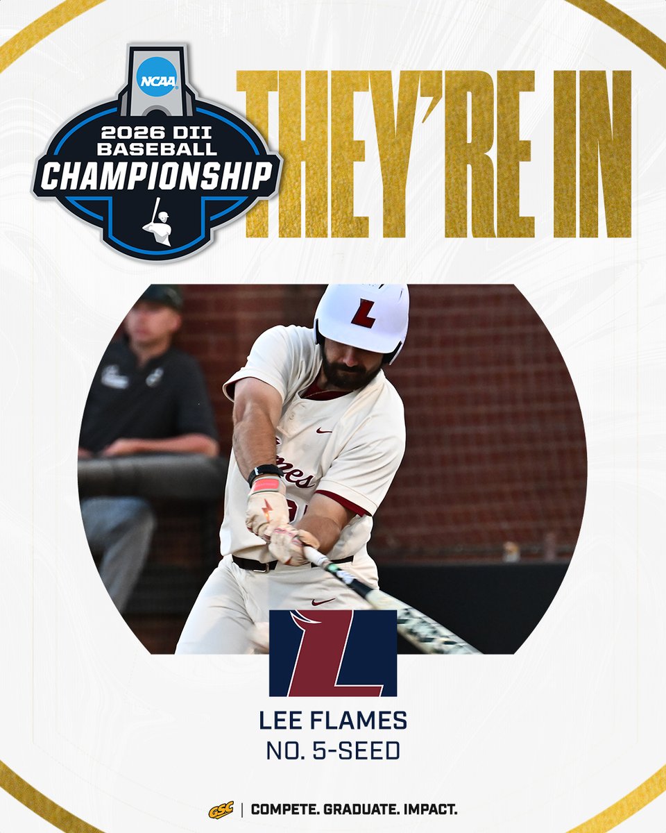 GulfSouth's tweet photo. THEY'RE IN!

@LeeUBaseball will be the No. 5-seed in the #D2BSB South Region!

#GSCbaseball https://t.co/e4pieGWtOJ
