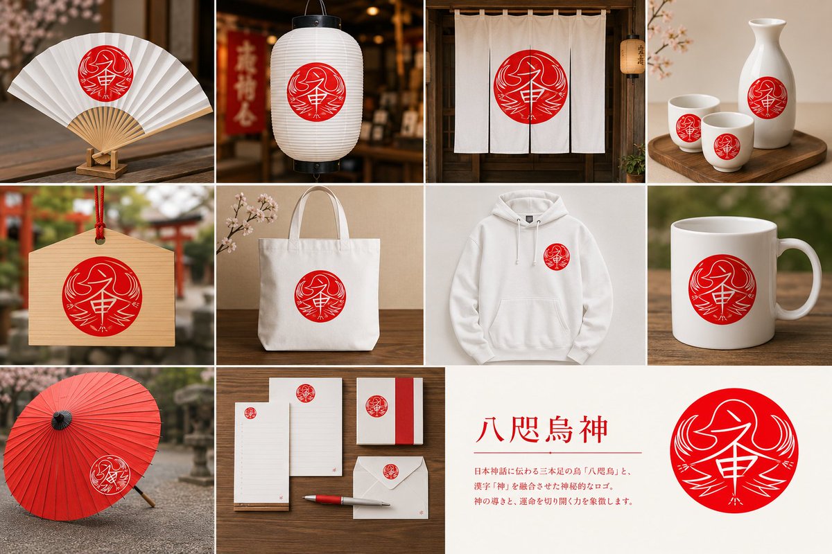 Ekakin710's tweet photo. ChatGPT Imageで、自作マークアート「八咫烏神」をグッズ化モックにしてみました。
グッズ化すると“紋章”っぽさが出て面白い!
推しアイテムありますか?
Original:https://t.co/MApmoOI5xN
#MarkArt #LogoDesign #GraphicDesign #AIart #Mockup #八咫烏神 #ChatGPT https://t.co/3fq6hICQLd