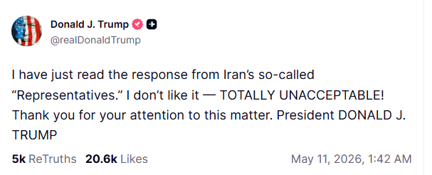BREAKING 🚨

Trump reacts strongly to Iran’s response to the US’s 14-point peace proposal:

Trump called the proposal “TOTALLY UNACCEPTABLE.”

Crude oil price surged over 5% following the news.