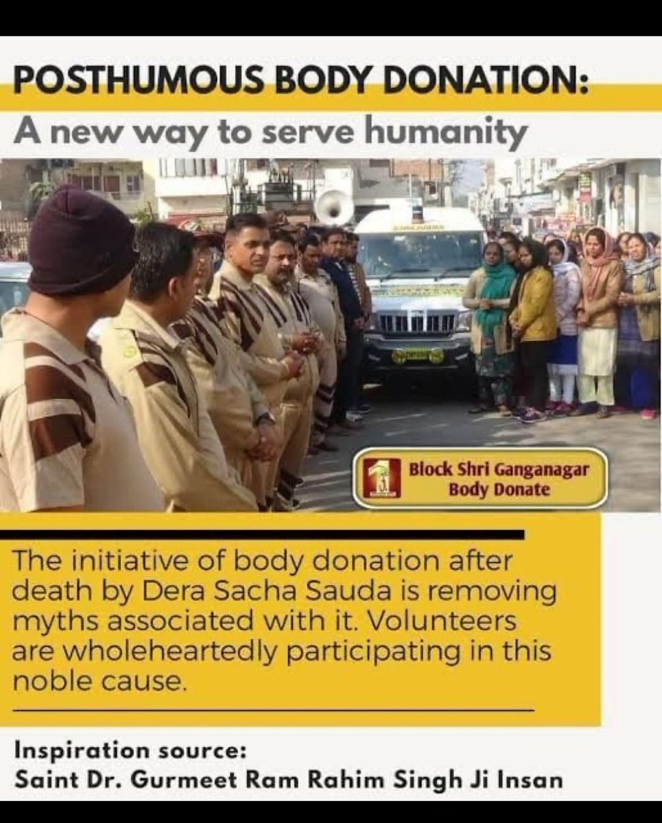 anu201299's tweet photo. Donating one's body after death is a great donation. Ram Rahim Ji initiated the Posthumous Body Donation Campaign, under which DSS followers pledged to donate their bodies after death, These bodies are used for important medical research. #LiveBeyondLife https://t.co/mAGPEWEs3P