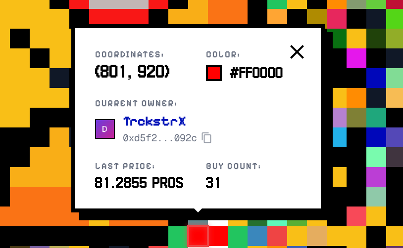prospixels's tweet photo. Only 1,586 empty pixels remain before all 1,000,000 pixels are owned for the first time on-chain.

After the last empty pixel sells, the minimum entry price moves from 0.01 $PROS to 0.0135 $PROS.

Click any pixel on the canvas to view its full transaction history.

The first canvas on @pharos_network  is almost complete.