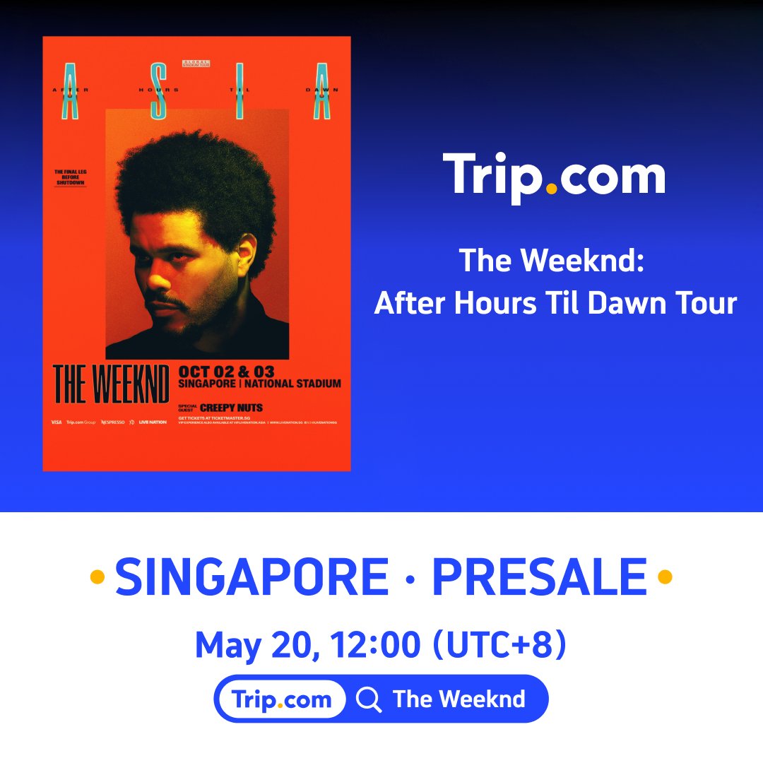 🎤 The Weeknd: After Hours Til Dawn Tour – for Singapore & Hong Kong!
Don’t miss the multi-platinum, 7x Diamond-certified artist who reshaped R&B and pop, making him one of the most compelling and significant artists of the 21st century and the first artist to have 31 songs each with over a billion streams.  The Asia run marks the final leg of his After Hours Til Dawn Tour, the best-selling tour by a solo male artist in history, which pairs groundbreaking production with an electrifying setlist.

🎫 https://t.co/lRzKEE2bXb Presale (UTC+8)
Hong Kong: May 20, 10:00 AM
Singapore: May 20, 12:00 PM

📍 Singapore | Oct 2 & 3, 2026 | Singapore National Stadium
📍 Hong Kong | Oct 30 & 31, 2026 | Kai Tak Stadium

 Click https://t.co/Lon2mfoCOS  to secure your spots!