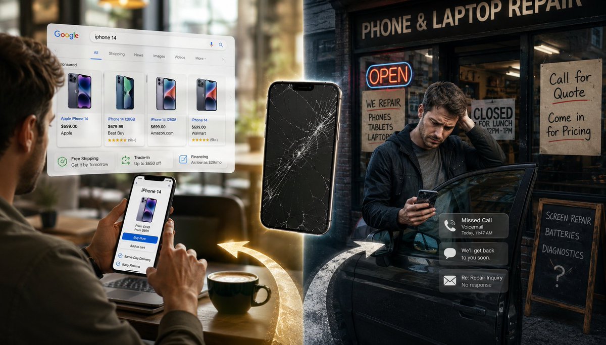 TechCareOrg1's tweet photo. Independent repair shops have a quiet problem: Customers can price a new phone in 8 seconds online. Most shops won't quote a repair without an in-person visit. Which option do you think wins?https://t.co/2kBet7Luha #TechRepair #RepairPeople https://t.co/YZZ0u0BjLM