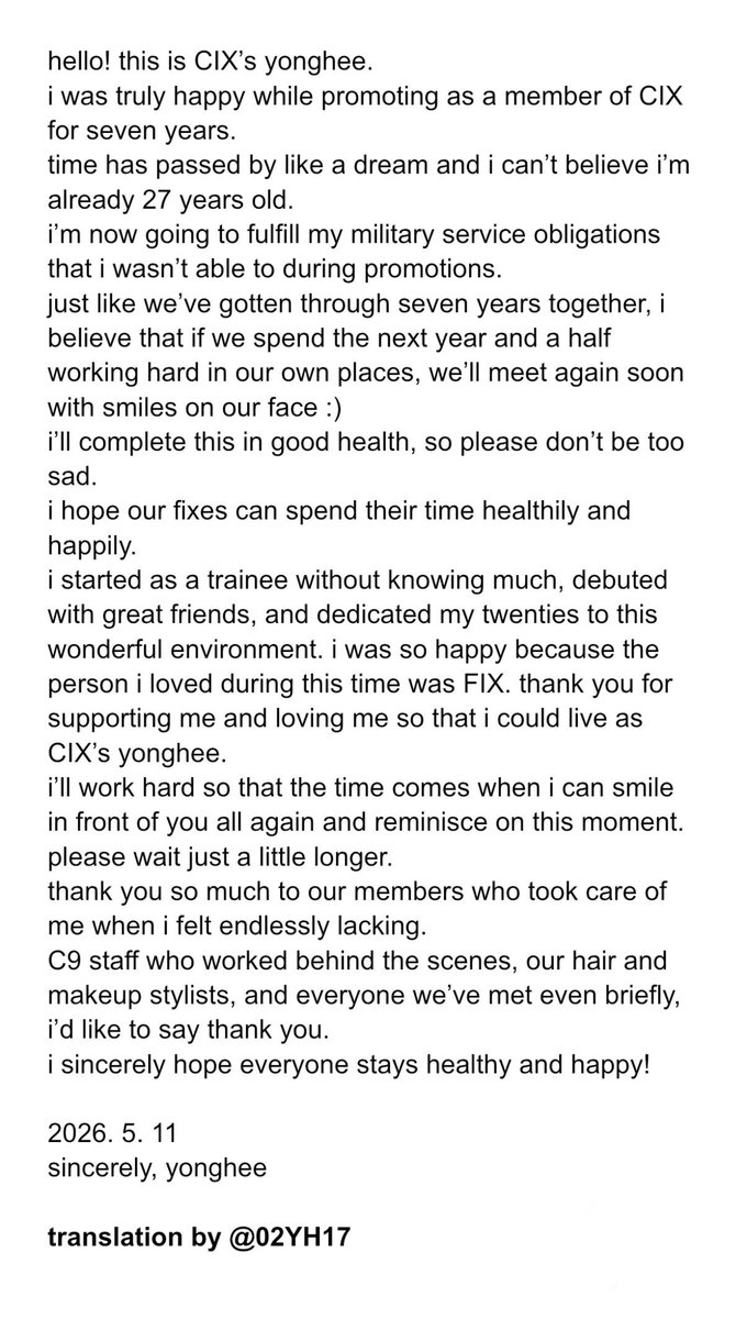 02YH17's tweet photo. CIX OFFICIAL FANCAFE 📝

[[Yonghee]] It was happy and fun!

hello! this is CIX’s yonghee.
i was truly happy while promoting as a member of CIX for seven years.

(full translation in pic)

#YONGHEE #용희 #CIX #씨아이엑스 https://t.co/brqC2lFHIQ