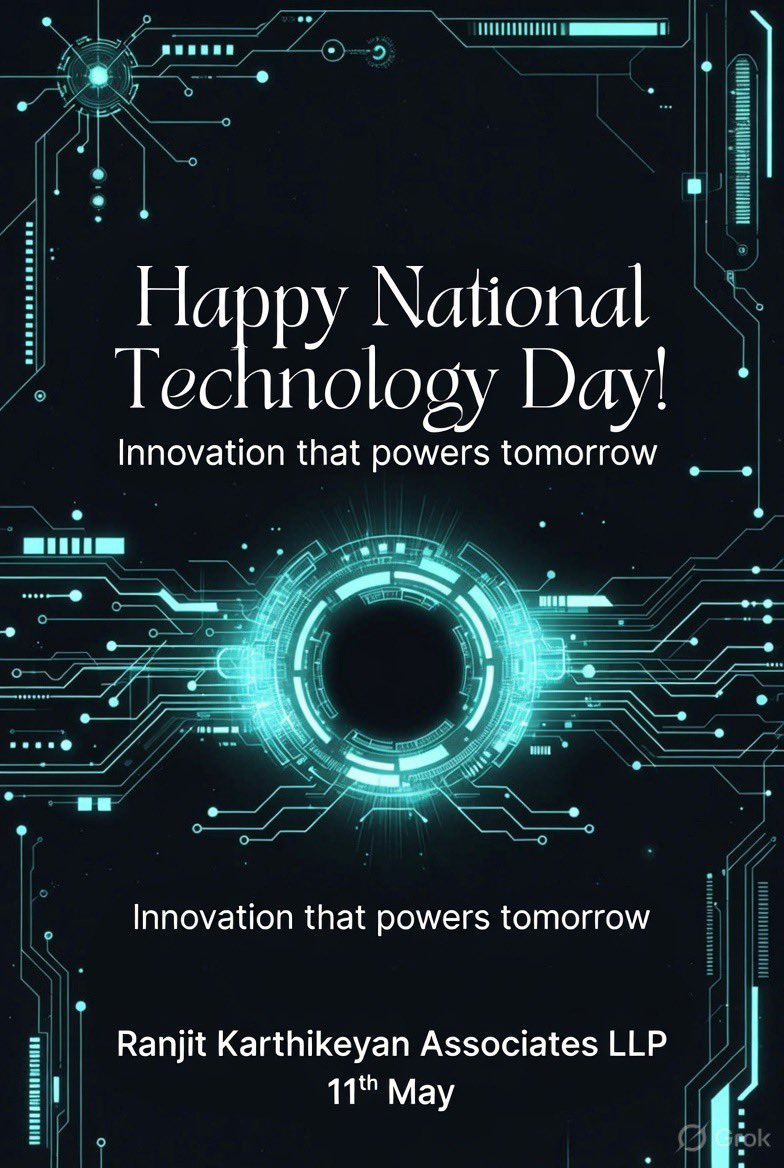 ranjit68's tweet photo. Happy National Technology Day!

On this day, we celebrate the spirit of innovation, ingenuity, &amp; technological excellence that shapes our future.

Ranjit Karthikeyan Associates LLP

Proudly supporting technology-driven solutions.
#NationalTechnologyDay #Innovation #Tech4Tomorrow https://t.co/Jru2G0H56o