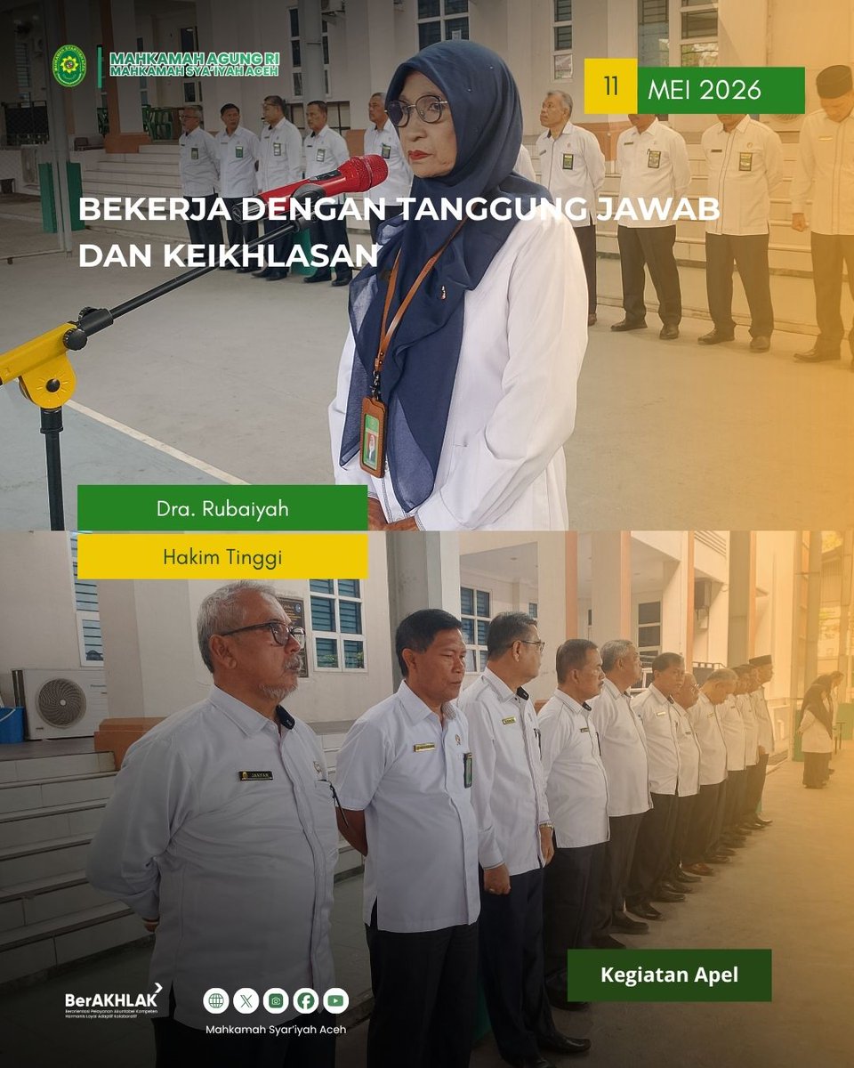 info_msaceh's tweet photo. 📌 Apel Pagi MS Aceh: Bekerja dengan Tanggung Jawab dan Keikhlasanq

🌤️ Senin, 11 Mei 2026, Mahkamah Syar’iyah Aceh melaksanakan apel pagi yang dipimpin oleh Pembina Apel, Dra. Rubaiyah, Hakim Tinggi Mahkamah Syar’iyah Aceh. https://t.co/GKNz5msHeK