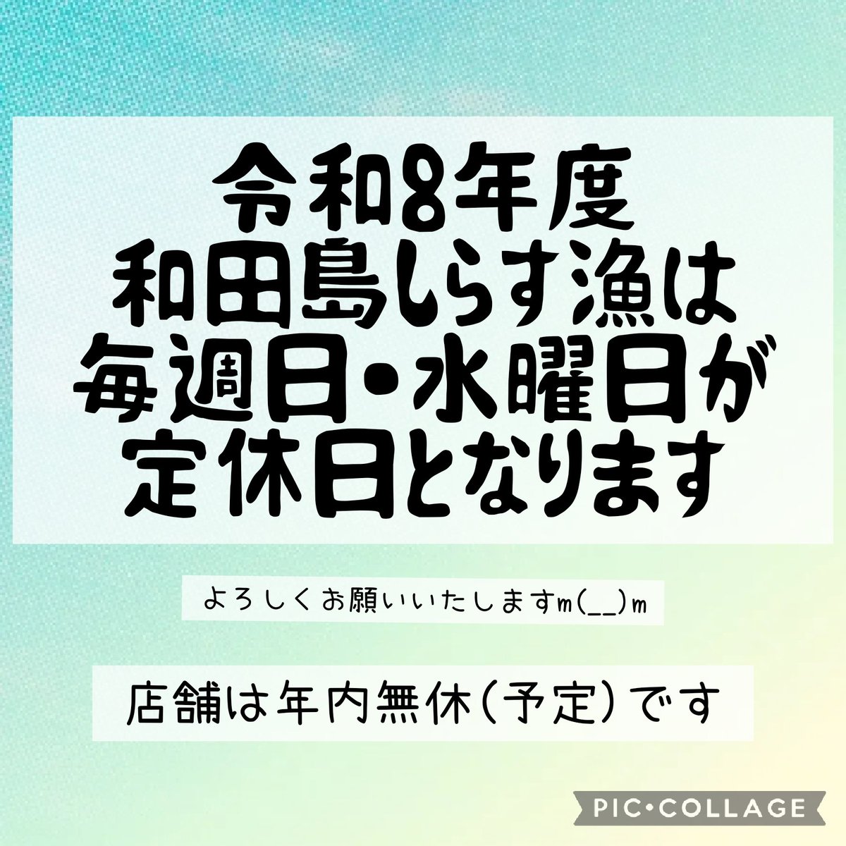 漁に関するお知らせ 】 令和8年度の和田島しらす漁は 毎週日曜日