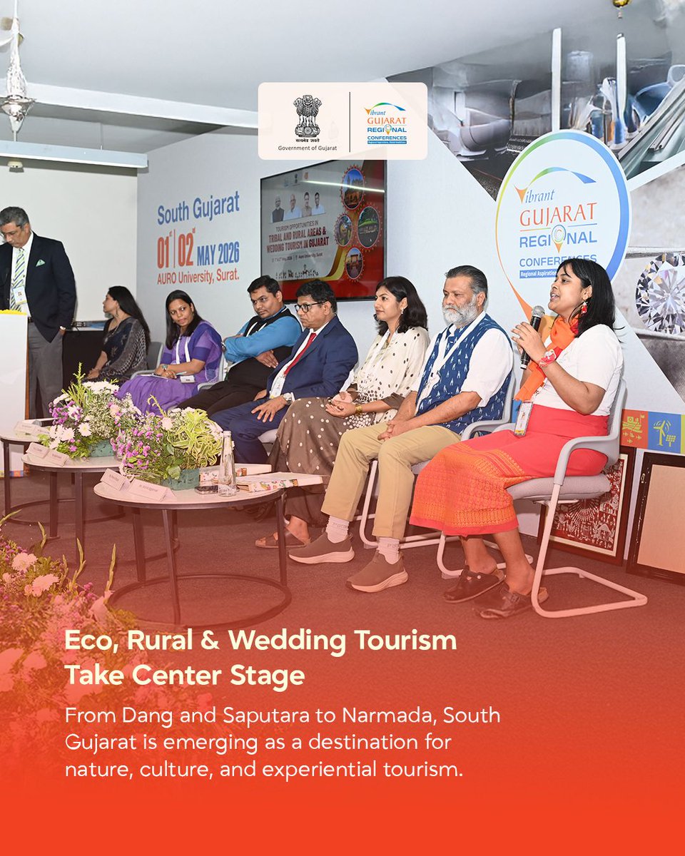 VibrantGujarat's tweet photo. South Gujarat’s tourism landscape is evolving through a powerful blend of nature, culture, heritage, and sustainable development.

At VGRC South Gujarat 2026, discussions highlighted the growing opportunities in eco-tourism, rural tourism, tribal heritage, and experiential travel across regions like Dang, Saputara, and Narmada.

With continued infrastructure development and a strong focus on cultural experiences, Gujarat is steadily strengthening its position as a diverse and future-ready tourism destination.

#VGRCSurat #VibrantGujarat #VGRC #VGRCSouthGujarat #VibrantGujaratRegionalConferences #VGRC2026 #InvestInGujarat #GujaratForGrowth #VocalForLocal #LocalToGlobal
