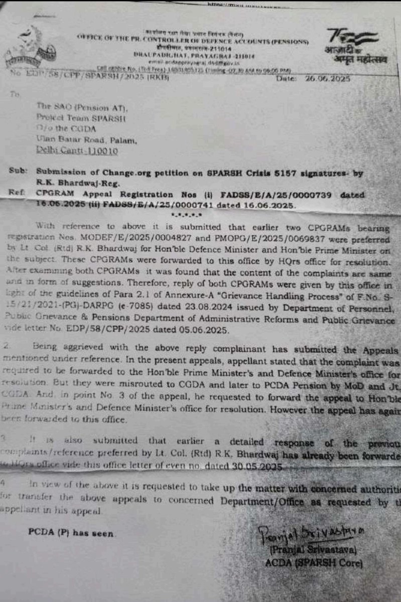 RajKuma35152604's tweet photo. 🇮🇳 DAY 151: SPARSH CRISIS - EVASION LOOP STILL FULLY ACTIVE!
FRESH RTI FILED WITH #FADS ON DISPOSAL OF PMOPG & EARLIER RTI – TRUTH STILL NOT REACHING HON'BLE PRIME MINISTER & DEFENCE MINISTER 

NEW RTI MODEF/R/E/26/07649 FILED WITH #FADS MoD ON 07 MAY 26 SEEKING INFORMATION ON DISPOSAL OF OUR https://t.co/YMyMaEAhTQ PETITION & EARLIER RTI REPLY 

#SPARSHFailsVeterans Campaign 
(👁️48,074 Views) 
https://t.co/v7owLXiDaZ

GIST OF THE CASE
The original https://t.co/VxPtMATkaR petition “Fix SPARSH Now – Support India’s Ex-Servicemen Facing Pension Chaos” (5,152 signatures including former #COAS & several Lt Gens) 
https://t.co/f1nVnl23p2
was forwarded by PMO vide PMOPG/E/2025/0069837 dated 18 May 25 to #FADS for necessary action.

In reply to our earlier RTI MODEF/R/E/26/00477 (transferred to CGDA as CGDFA/R/T/26/00058), PCDA(P) CPIO Sh Pranjal Srivastava vide letter EDP/58/CPP/SPARSH/2025 (RKB) dt 26 Feb 26 & FAA Sh Vijay Sharma vide even letter dated 06 Apr 26 provided following information in reply:
(i) Copy of PCDA(P) letter EDP/58/CPP/SPARSH/2025(RKB) dated 26 Jun 25 addressed to CGDA Pension Cell requesting transfer of our appeal/PMOPG/CPGRAM to the offices of Hon’ble Prime Minister & Defence Minister (paras 2, 3 & 4 of the letter refer).
(ii) Action History of FADSS/E/A/25/0000741 showing:
 - Entry dated 27 Jun 25 by Sh Saroj Kumar Kanchan, SAO PCDA(P) requesting CGDA Pension Cell to take up the matter with concerned authorities for transfer as requested by the appellant.
 - Subsequent entry dated 10 Jul 25 by Smt Molly Sengupta, Jt CGDA (Pension Cell) directing PCDA(P) to close the appeal with reference to grievance reply dated 05 Jun 25 in the form of Speaking Order duly signed by appellate authority.

LATEST DEVELOPMENT- (07 May 26)
Fresh RTI MODEF/R/E/26/07649 filed with FADS seeking information on the above disposal of PMOPG & the reply received from CPIO/FAA PCDA(P).

📌 VERBATIM – INFORMATION SOUGHT (EXISTING RECORDS ONLY)
Copies of all notes, minutes, notings, decisions, communications, file notings and internal correspondence in the office of CGDA regarding:  
1. PCDA (P) Letter No EDP/58/CPP/SPARSH/2025(RKB) dated 26 Jun 25 addressed to CGDA HQ (Pension AT) Project Team SPARSH requesting transfer of the appeal/PMOPG to the offices of Hon’ble Prime Minister & Defence Minister.  
2. Subsequent direction issued by Smt Molly Sengupta Jt CGDA (Pension Cell) to PCDA(P) to close the appeal with reference to the grievance reply dated 05 Jun 25 as stated in the Action History Entry dated 10 Jul 25.

PUBLIC AUTHORITIES CONTINUE TO GIVE EVASIVE REPLIES KNOWING THAT 2ND APPEAL/COMPLAINT IN CIC TAKES 12-18 MONTHS, DEFEATING THE VERY PURPOSE OF RTI ACT 2005.

HUMANITARIAN COST
Lakhs of super-senior ESM (70–95+ years), martyr widows & rural/non-tech-savvy pensioners continue to suffer 50%+ flawed data migration, erroneous pensions, access barriers & dignity violations (Articles 14 & 21). Relief delayed for 12+ months.

MOST HUMBLE APPEAL 🙏
Hon’ble Prime Minister Sh Narendra Modi Ji & Defence Minister Sh Rajnath Singh Ji to advise #DefenceSecretary
Sh Rajesh Kumar Singh — 
Direct FADS/CGDA/PCDA(P) — as the Pension Sanctioning Authority holding all records — to immediately 
▪️ Undertake bulk legacy data correction themselves (using 2017 ePPOs & old records) 
▪️Allow temporary bank opt-out for ESM above 70 years & family pensioners till SPARSH stabilises.

We continue to place full faith in your compassion and leadership.

@PMOIndia
@DefenceMinIndia
@DrJitendraSingh
@IndiaCAG @India_NHRC
@SpokespersonMoD @secyesw
#DefenceSecretary 
#FADS
@DefenceAccounts 
#CGDA
@PcdaPensions  
@HQ_IDS_India
@adgpi @indiannavy @IAF_MCC
@Vedmalik1 @arunp2810
@kayjay34350 @Ptr6Vb
@rakesharma15 @KatochPrakash
@ragarwal @ColTekpal @RDXThinksThat @amitabhafirst @kkhushal9 @Ravindra_Fouji
@IndianExpress @the_hindu
@timesofindia @htTweets
@thetribunechd @moneycontrolcom
@jomalhotra @BDUTT @aajtak @ndtv @republic @ABPNews @ZeeNews 
@TimesNow @News18India