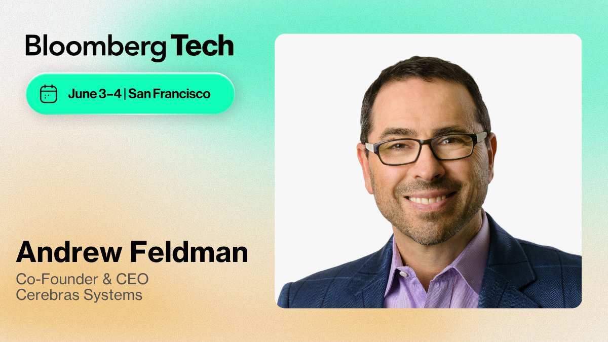 BloombergLive's tweet photo. At #BloombergTech Opening Night @cerebras Co-Founder &amp; CEO @andrewdfeldman speaks with @tsgiles about the fundamental architectural shift required to move AI toward true, real-time inference at scale. 

Learn More: 
https://t.co/pNam18dgHQ https://t.co/UIh1M961ZT