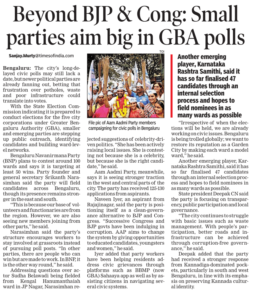 srm2k15's tweet photo. The long wait for Bengaluru civic polls might be over, but smaller parties say they rely on continuous groundwork over election timelines.  
Local body elections are often launchpads for emerging political players. The stakes are high in #Bengaluru with its endless civic woes https://t.co/AiJ3uE8uri