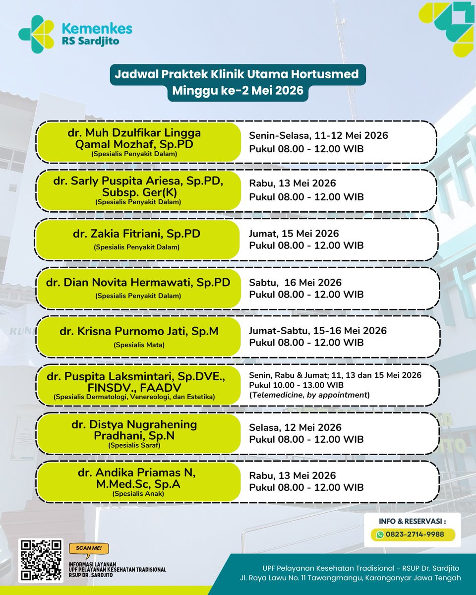 HortusMed's tweet photo. Halo Sobat Sehat Sardjito

Kami informasikan Jadwal Praktik Dokter Minggu ke-2 Mei 2026 Klinik Utama Hortusmed Tawangmangu

Salam Sehat dari Tawangmangu

#klinikutama #spesialispenyakitdalam #spesialismata #spesialisdermatologivenereologiestetika #spesialissaraf #spesialisanak https://t.co/fUmSiuBeWR