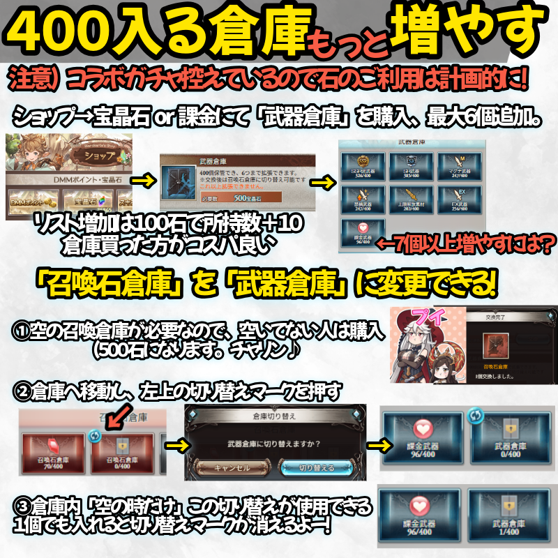 コラボイベントが始まる前のグラブルの静けさ。

イベント開始前までに倉庫整理はいかがでしょう？

召喚石倉庫も武器倉庫に切り替えできるようになっています。
知らない人もいると思うのでこちらをどうぞ。