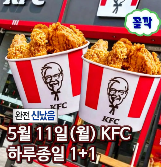 wangbei__'s tweet photo. 오늘 KFC로 달려가야하는 이유
KFC 5월 11일 오늘 하루 치킨 1조각 메뉴 1+1 진행

대상 메뉴
- 핫크리스피치킨
- 오리지널치킨
- 갓양념치킨
- 핫크리스피통다리
- 갓양념통다리

매달 11일마다 진행된다고 함 
오늘 버거킹도 세일한다는데 둘 중 하나 골라 먹기 냐미