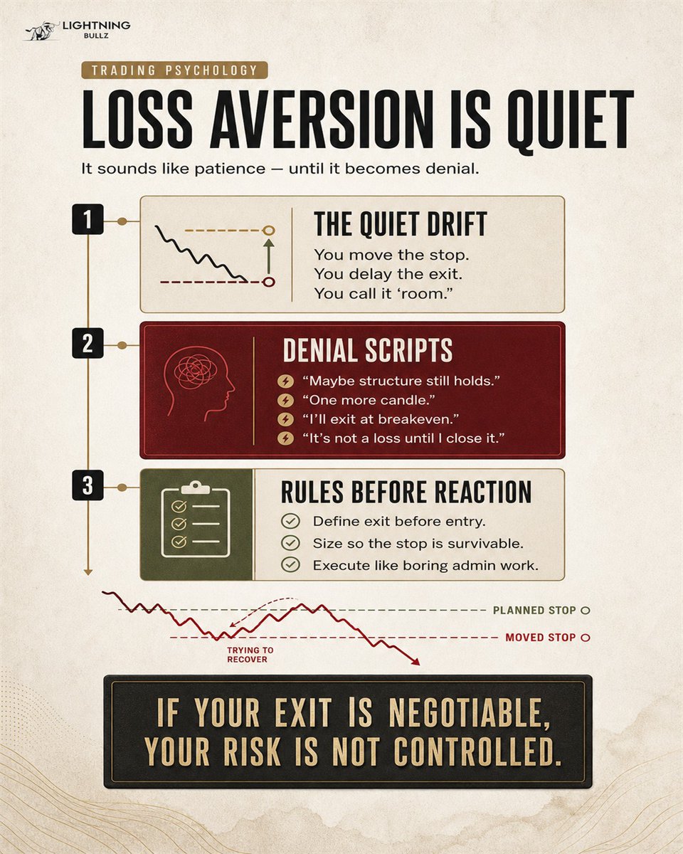 ADMA_soft's tweet photo. Loss aversion makes bad trades feel "unfinished."
So you move the stop. Delay the exit. Invent new logic.
The fix is boring: define the exit before you enter.
Once emotion joins the trade, your rules become suggestions. ⚡ https://t.co/mfSYYBl3ff