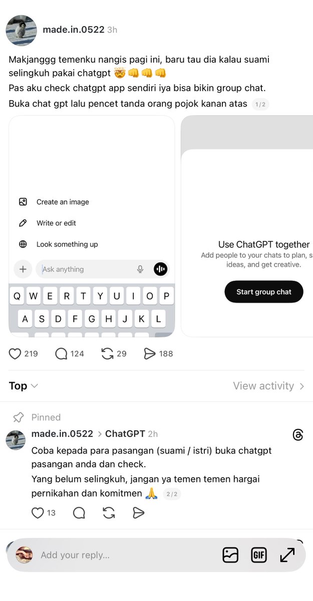 LAGI LAGIII KASUS SELINGKUH??? PAKE CHATGPT??

sekali lagi chatgpt??? yg biasa kita pake buat curhat, sekarang malah dipake buat celah orang selingkuh😭😭