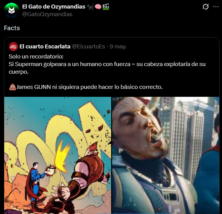 diegox_sanchez's tweet photo. @ElcuartoEs @GatoOzymandias Los Snydertard son así de idiot*s: Sup puede medir su fuerza (en comics y pelis). Bajo la lógica de los Snydertards, Sup tuvo que haber matado a Bruce en BvS o a Lex en All Star, pero no lo hizo, porque mide su fuerza. El hate a Gunn ya es absurdo https://t.co/BeY2NXtfkx