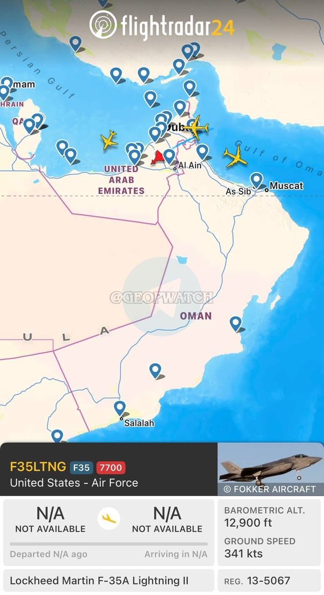 🇺🇸 USAF F-35A Lightning II squawks 7700 emergency above the UAE. Flew ...
