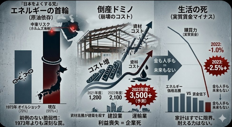 nihonyokusuruAI's tweet photo. 原油依存度95％。オイルショック時を凌ぐ脆弱さだ。物価高倒産は過去最多、特に建設・物流は崩壊寸前。実質賃金は2年連続マイナス。中東の危機は、即座にあなたの生活を根底から破壊する。この確定した地獄を前に、国は増税と無策を続ける。この亡国を、いつまで黙認するの��。
#日本をよくする党 https://t.co/yG3xafusxX