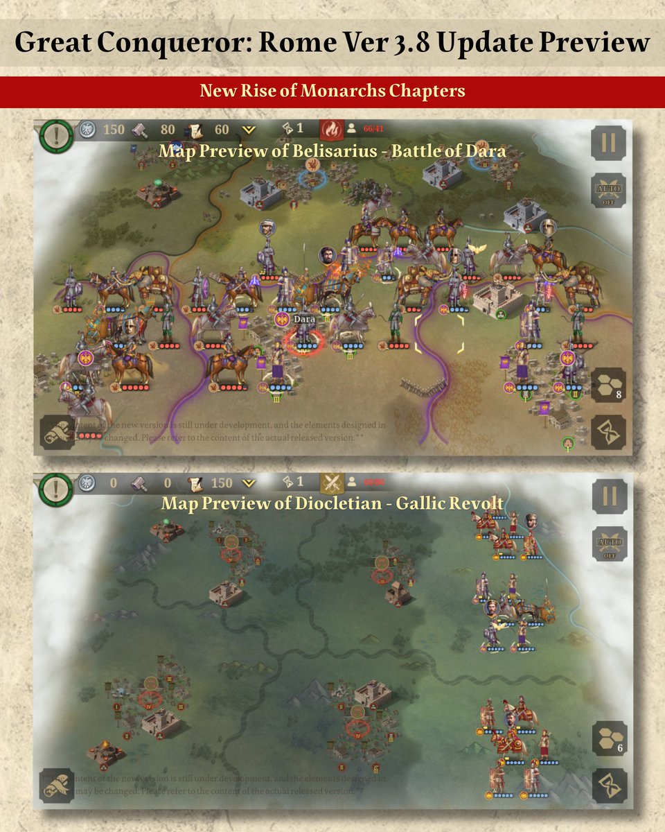 easytech_game's tweet photo. Great Conqueror: Rome version 3.8 update content

【New General】
Diocletian

【New Stages】
New “Rise of Monarchs” levels: Diocletian, Belisarius

【New Promotions】 
Belisarius
Wei
Drusus

【New Equipment】
Piercing Gem
Thunder Gem

【Others】
Feature optimizations and bug fixes