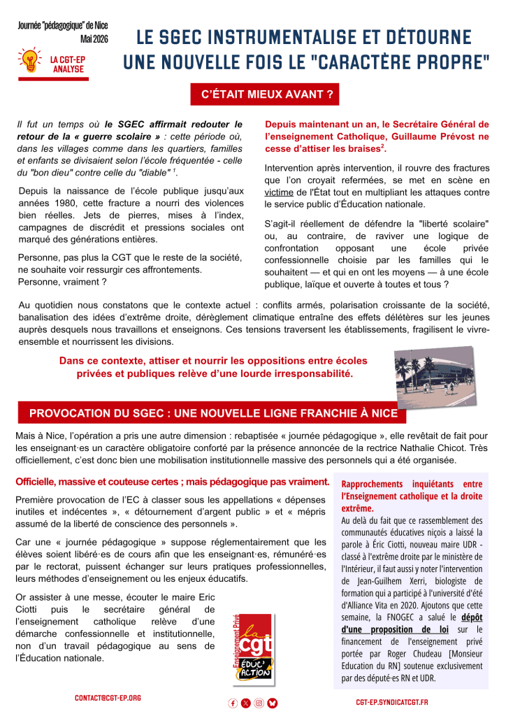 CGT_EP's tweet photo. 🚨 NICE, une nouvelle ligne dans la provocation franchie : le SGEC instrumentalise et détourne une nouvelle fois le « caractère propre » et contourne la liberté de conscience.
🔴 Décidons de quel caractère propre nous avons besoin ! https://t.co/e2rAzJ2PYc