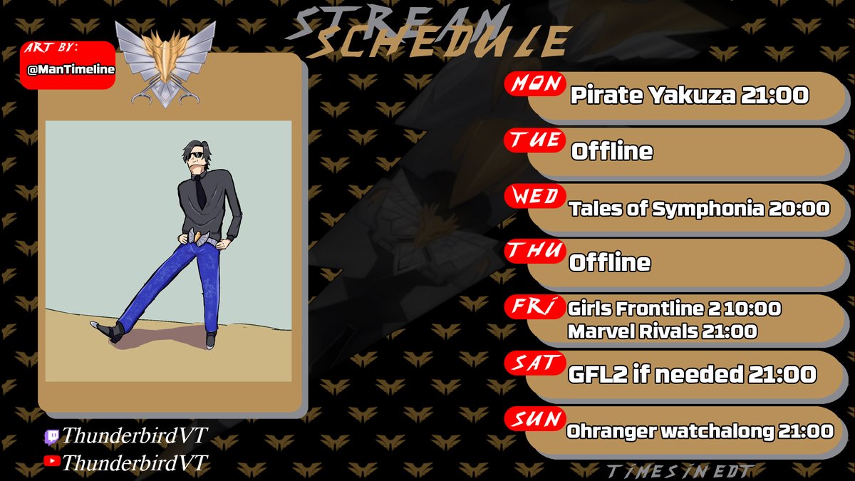 ThunderbirdVT's tweet photo. I'm Thunderbird Prime, masked hero VTuber, and here's this week's #TBPrimeTime schedule!

I'd do the GFL2 stream on Thursday, but since I'm busy that day, let's shoot for Friday (and Saturday if we don't finish in time)

🔽Updated refs in the QRT🔽 https://t.co/zKbKQA403J