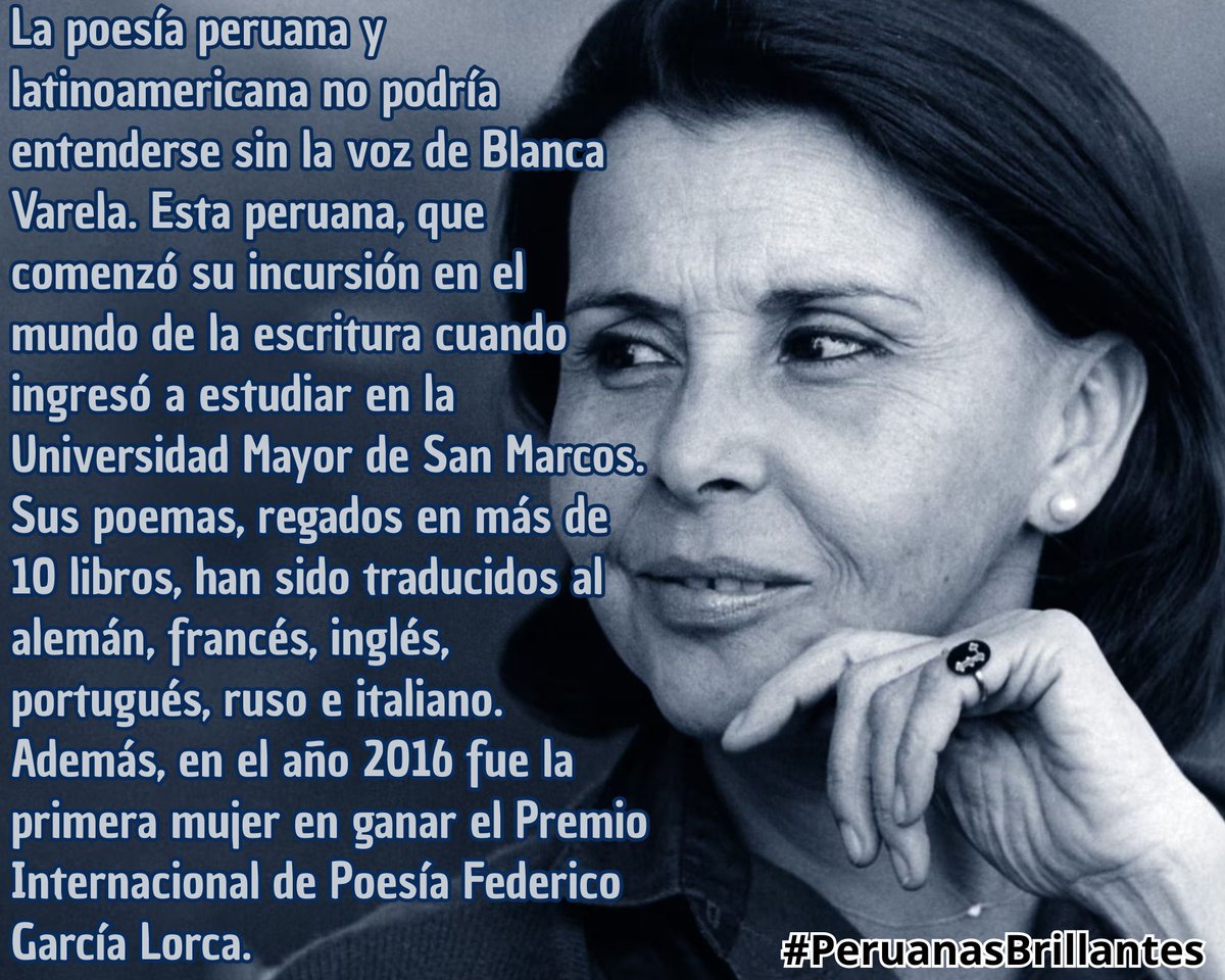 Diosasperuanas7's tweet photo. Blanca Varela es una poetisa peruana considerada la más importante voz poética femenina de su país, en buena medida por la difusión internacional que alcanzó su obra. A los dieciséis años ingresó a la Universidad Nacional Mayor de San Marcos para seguir estudios de letras. https://t.co/lchUOUFi9C