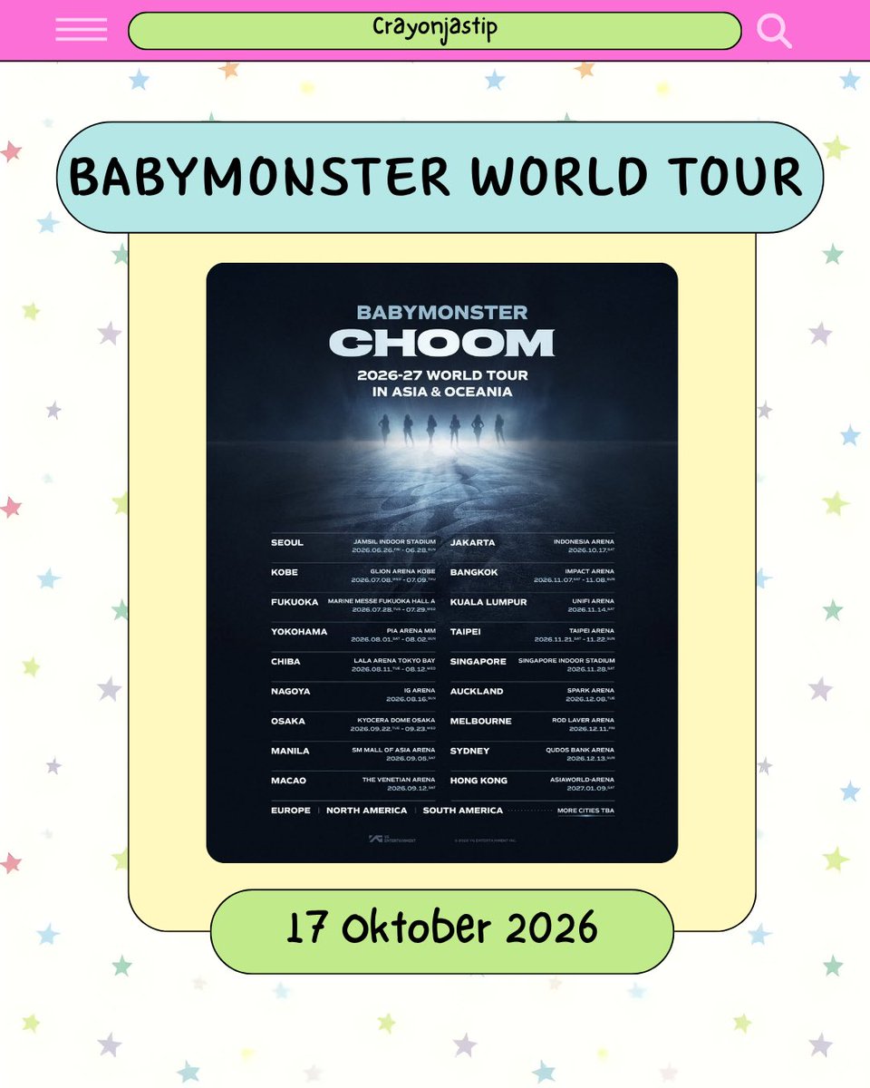 crayonjastip's tweet photo. 🎟️ OPEN JASTIP BABYMONSTER WORLD TOUR (CHOOM) IN JAKARTA

💸 FEE : 300k-350k/tix (tergantung section)
💸 DP Bookslot : 100k/tix
👤 Menggunakan data pribadi
✨ Diurus sampai penyerahan tiket

📩 More Information : https://t.co/YLMFVHdeGM [CHAT ONLY]

#jastip #jaswar #babymonster https://t.co/szMhul7lRc