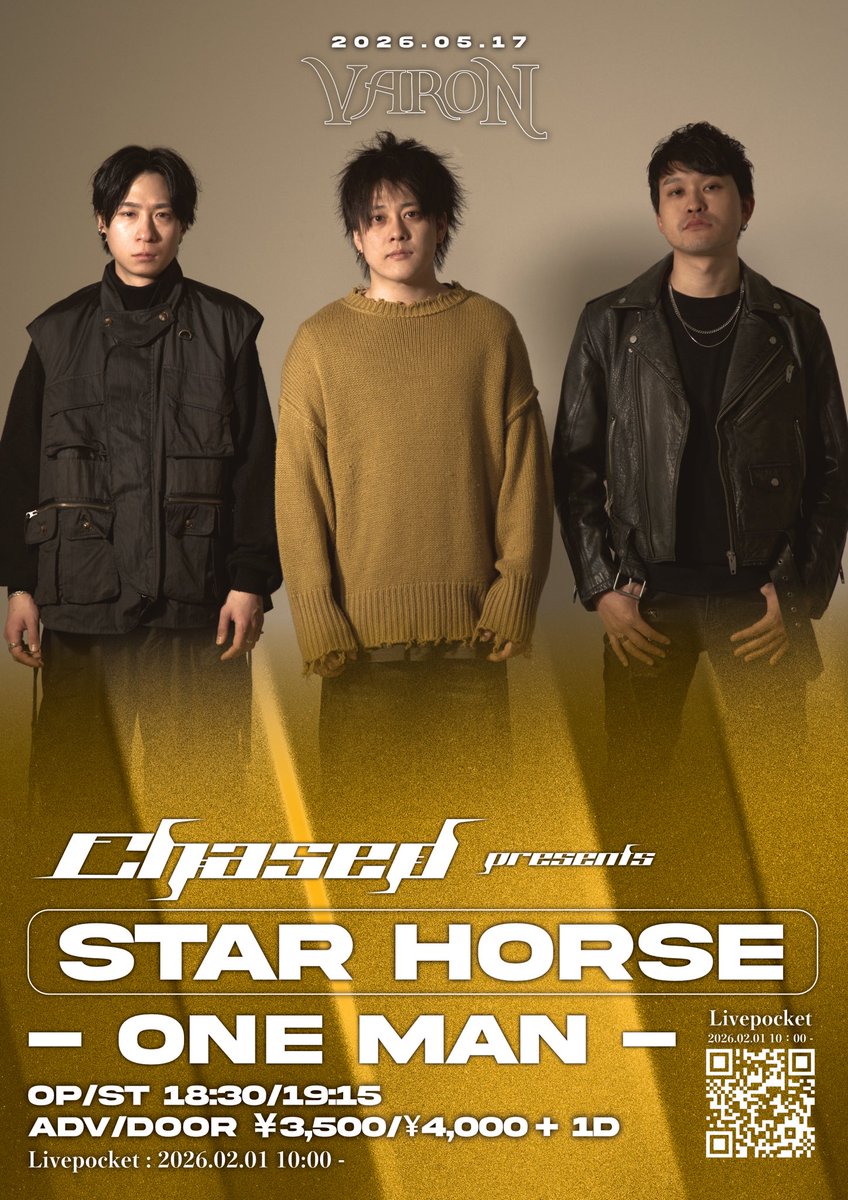 Chased_official's tweet photo. 【OP/ST時間・配信音源変更のお知らせ】
諸事情により下記公演のOP/ST・配信音源内容が変更となりました！ご迷惑をおかけしますことを心よりお詫び申し上げます。

2026.05.17 心斎橋VARON
CHASED pre. [ STAR HORSE - one man - ]
🎫 : https://t.co/5ntNSnrYCl

#CHASED #チェイスド https://t.co/4XBQ5kRHlG