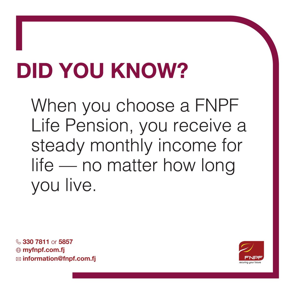 MyFNPF's tweet photo. 💡 Secure income for life starts here.
With our Life Pension, you receive a steady income stream throughout your retirement.
👉 Choose a retirement product  that’s built to care for you, every step of the way.

#FNPFLifePension #RetireWithConfidence 
#FNPFSecuringYourFuture https://t.co/nuaaJtGG8V