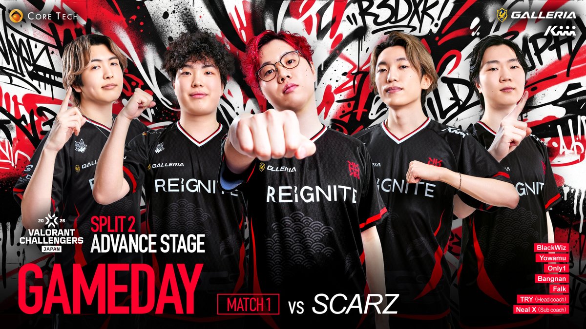 ReigniteJP's tweet photo. ◤REIGNITE - #VALORANT Div.◢

🏆 | #ChallengersJP Advance Stage
⚔️ | vs @SCARZ5

🔥GAMEDAY🔥

■ Player
BlackWiz - @blackwiz_csgo
Yowamu - @Yowamuvlrt
Only1 - @only1vlrt
Bangnan - @Bangnanvlrt
Falk - @Falk_08

■ Head Coach
TRY - @TRYvlrt

■Sub Coach
Neal X - @NealXRay

#ChallengersJP