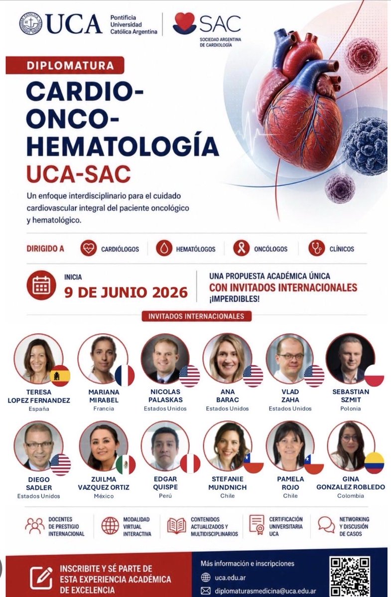 gambarte_jimena's tweet photo. 🚀 Nueva Diplomatura en Cardio-Onco-Hematología UCA–SAC @CardiOncoSAC
#SAC #UCA #Cardiooncologia #Diplomatura
📚 Dirigida a cardiólogos, oncólogos, hematólogos,clínicos y radioterapeutas.
🌎 referentes nacionales e internacionales
🗓 Inicio: 9 de junio 2026 🔗Inscripciones 👇🏻 https://t.co/ULETjyypsO