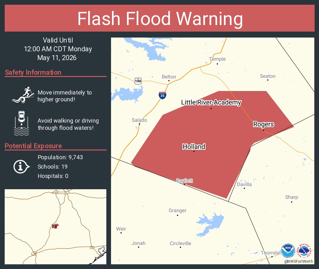 Flash Flood Warning continues for Little River-Academy TX, Rogers TX and  Holland TX until 12:00 AM CDT
