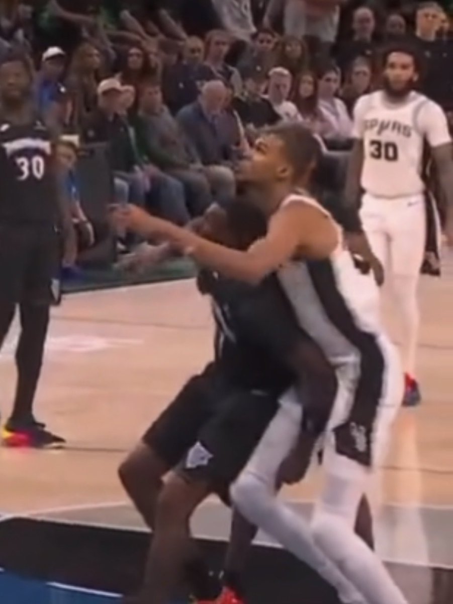 AyeSiwmae's tweet photo. @SpursReporter Naz holding Wemby’s leg before the rebound. McDaniels has got is arm wrapped around Wemby’s waist and hit Wemby in the face unintentionally. https://t.co/4FCU4nWeHi