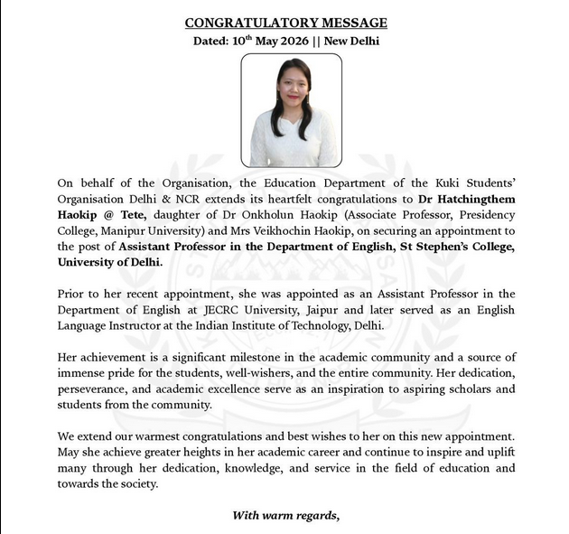mightymanipur's tweet photo. 𝐂𝐎𝐍𝐆𝐑𝐀𝐓𝐔𝐋𝐀𝐓𝐄𝐒, 𝗗𝗿 𝗛𝗮𝘁𝗰𝗵𝗶𝗻𝗴𝗵𝗲𝗺 𝗛𝗮𝗼𝗸𝗶𝗽! 🎉

Congrats on appointment as Assistant Professor, St Stephen’s College, University of Delhi. Your achievement bring pride to Manipur. Keep inspiring!

#Manipur #Pride #Success  
#NationalTechnologyDay https://t.co/AK0g2NjQ1H